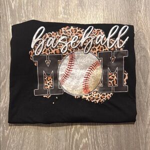Black Short Sleeve Tee with Baseball Graphic and Leopard Print Accents